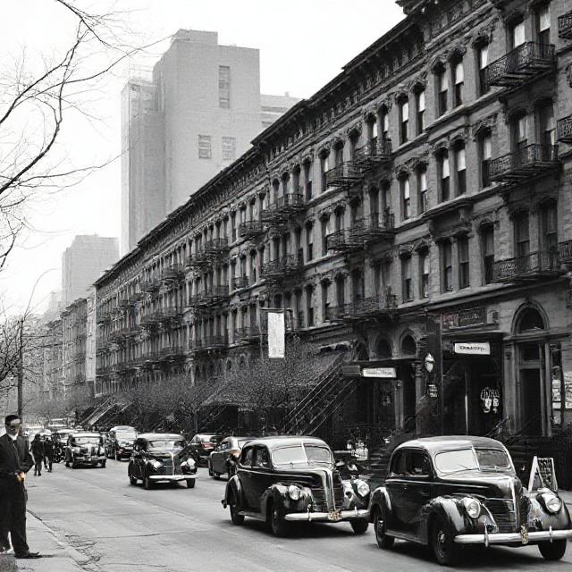 Brooklyn New York street scene during the Great Depression 1930s with brownstone buildings and vintage automobiles