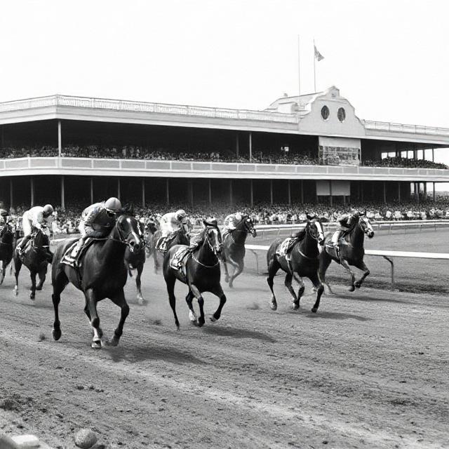 Horse racing scene from the golden era of American Thoroughbred racing at Belmont Park and Saratoga during the 1940s to 1970s era of Hirsch Jacobs and Buddy Jacobson
