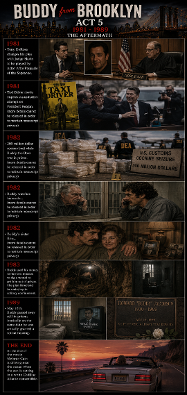 1981 - Tony DeRosa changes his plea with Judge Slavin to be played by: Actor Artie Pasquale of the Sopranos. 1981 - Taxi Driver movie inspires assassination attempt on President Reagan.  (more details cannot be released in order to maintain manuscript privacy) 1982 - 200 million dollar cocaine bust while Buddy the Boss was in prison. (more details cannot be released in order to maintain manuscript privacy) 1982 - Buddy watches his uncle...  (more details cannot be released in order to maintain manuscript privacy) 1982 - Buddy's sister Rita... (more details cannot be released in order to maintain manuscript privacy) 1983 - Buddy used his money to hire two inmates to dig a tunnel to get him out of prison. The plan failed and he ended up in solitary confinement.  1989 - May 16th.  Buddy passed away still in prison; ironically on the same date he was actually granted a retrial hearing.